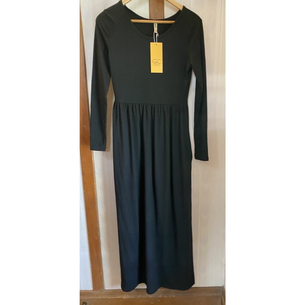 NWT Grecerelle Long Black Jersey Dress Maxi Stretch, Scoop Neck Pockets Womens S